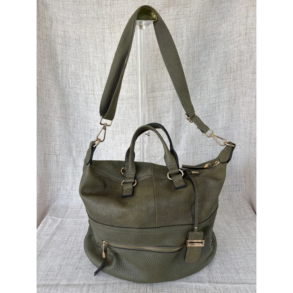 Mona Luxe Satchel Bag Womens Medium Olive Green Excellent Pebbled Faux Leather